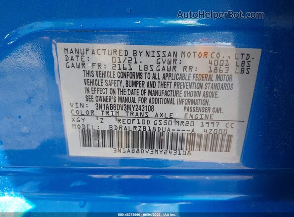3N1AB8DV3MY243108 2021 NISSAN SENTRA Blue Vista del compartimento del motor