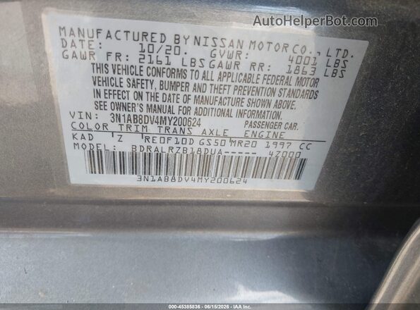 3N1AB8DV4MY200624 2021 NISSAN SENTRA Gray Vista del compartimento del motor