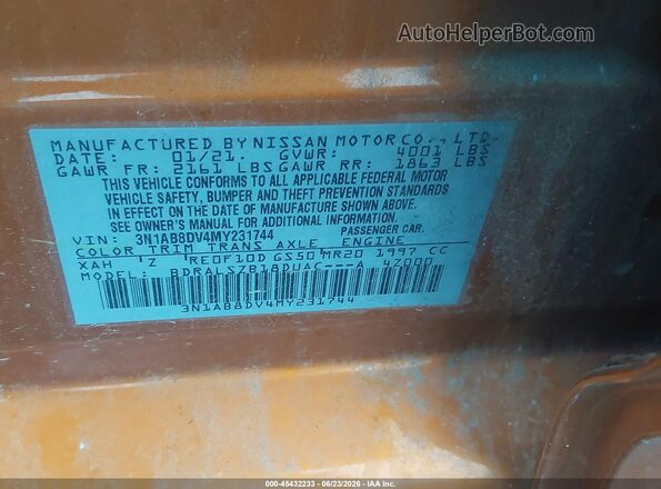 3N1AB8DV4MY231744 2021 NISSAN SENTRA Orange Vista del compartimento del motor