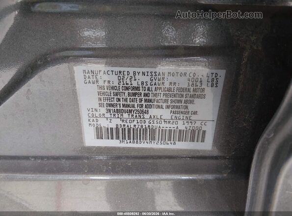 3N1AB8DV4MY250648 2021 NISSAN SENTRA Gray ძრავის განყოფილების ხედი