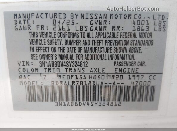 3N1AB8DV4SY324812 2025 NISSAN SENTRA White 