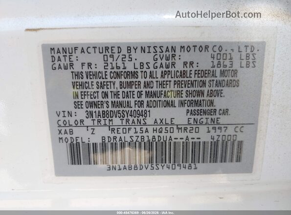 3N1AB8DV5SY409481 2025 NISSAN SENTRA White Widok komory silnika