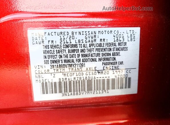 3N1AB8DV7MY211391 2021 NISSAN SENTRA Red Vista de la etiqueta del VIN
