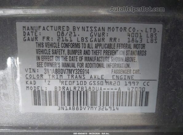 3N1AB8DV7MY326914 2021 NISSAN SENTRA Gray Շարժիչի բաժամունքի տեսք