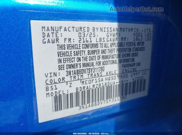 3N1AB8DV7SY311780 2025 NISSAN SENTRA Blue Vista del compartimento del motor