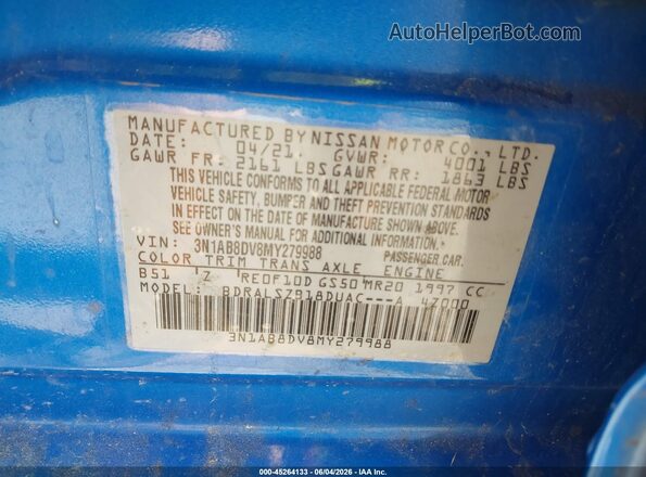 3N1AB8DV8MY279988 2021 NISSAN SENTRA Blue ძრავის განყოფილების ხედი