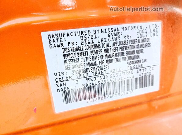 3N1AB8DV8MY287492 2021 NISSAN SENTRA Orange Widok komory silnika