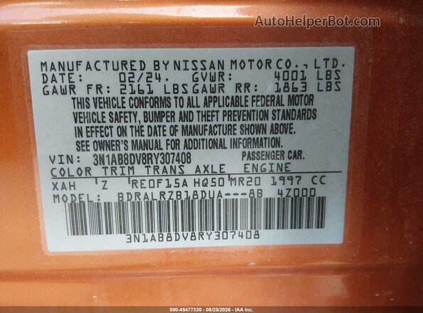 3N1AB8DV8RY307408 2024 NISSAN SENTRA Orange Vista del compartimento del motor