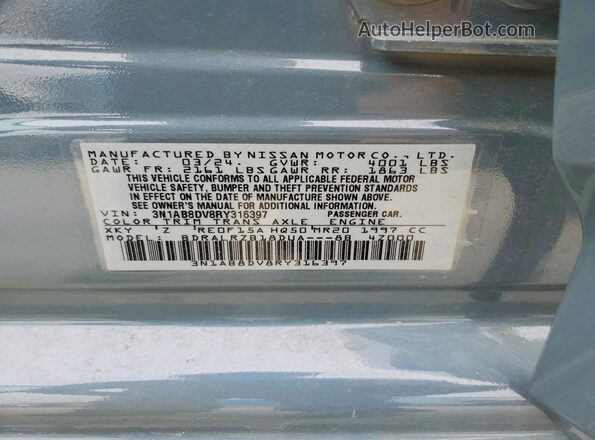 3N1AB8DV8RY316397 2024 NISSAN SENTRA Blue VIN კოდის სტიკერის ხედი