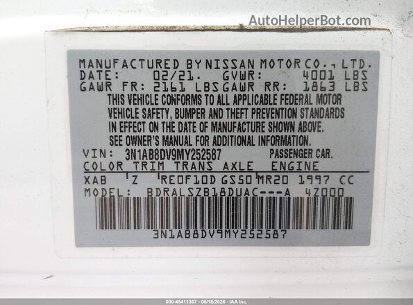 3N1AB8DV9MY252587 2021 NISSAN SENTRA White Widok komory silnika