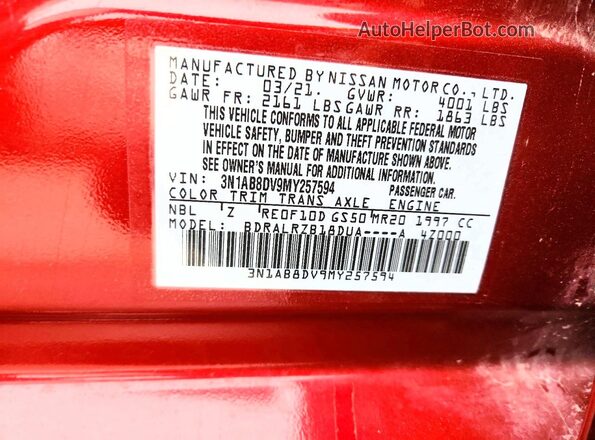 3N1AB8DV9MY257594 2021 NISSAN SENTRA Красный 