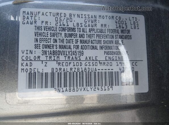 3N1AB8DVXLY245159 2020 NISSAN SENTRA Gray Engine compartment view