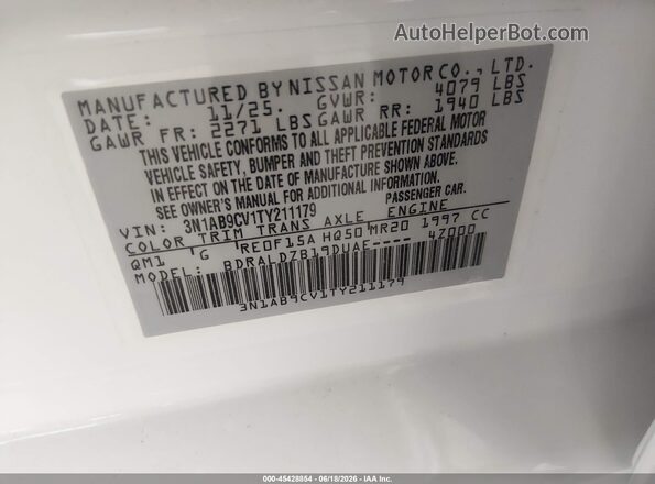 3N1AB9CV1TY211179 2026 NISSAN SENTRA White Vista del compartimento del motor