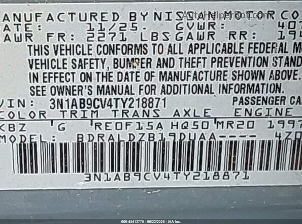 3N1AB9CV4TY218871 2026 NISSAN SENTRA Gray Vista del compartimento del motor