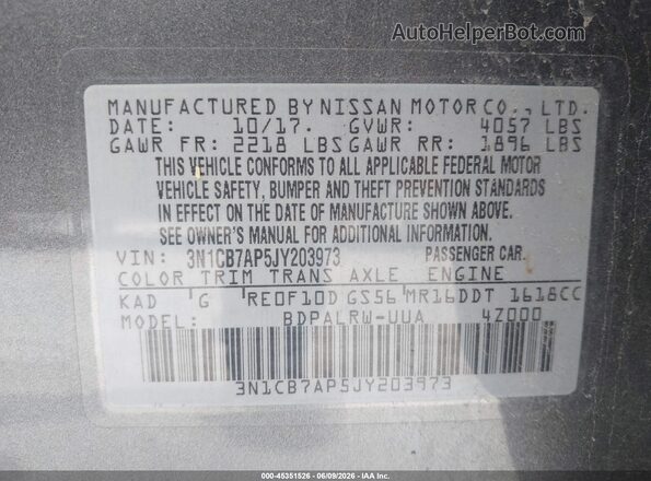 3N1CB7AP5JY203973 2018 NISSAN SENTRA Серый Вид подкапотного пространства