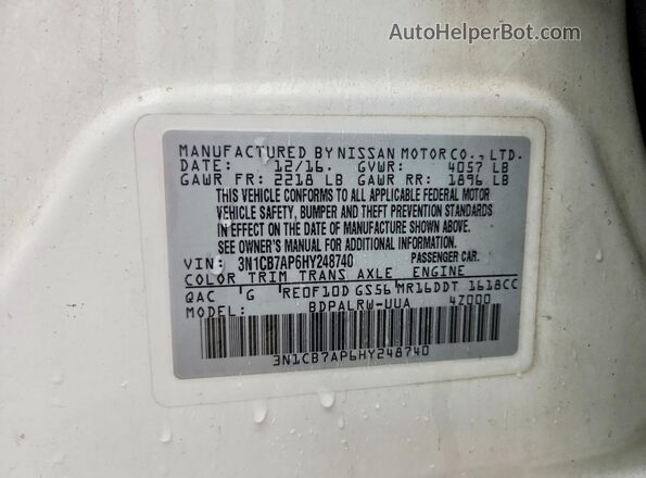 3N1CB7AP6HY248740 2017 NISSAN SENTRA White Vista del compartimento del motor