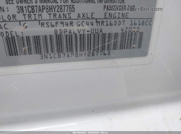 3N1CB7AP8HY287765 2017 NISSAN SENTRA White Вид підкапотного простору