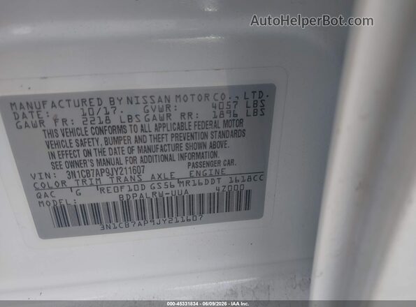 3N1CB7AP9JY211607 2018 NISSAN SENTRA Белый Вид подкапотного пространства