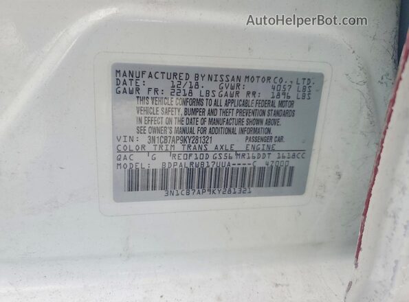 3N1CB7AP9KY281321 2019 NISSAN SENTRA White 