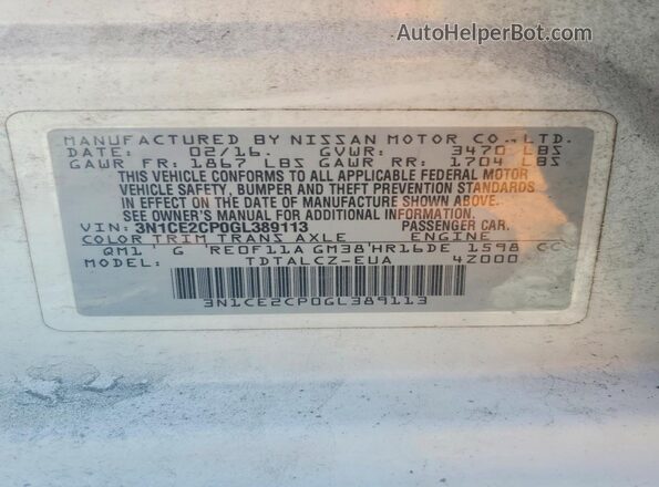 3N1CE2CP0GL389113 2016 NISSAN VERSA White 