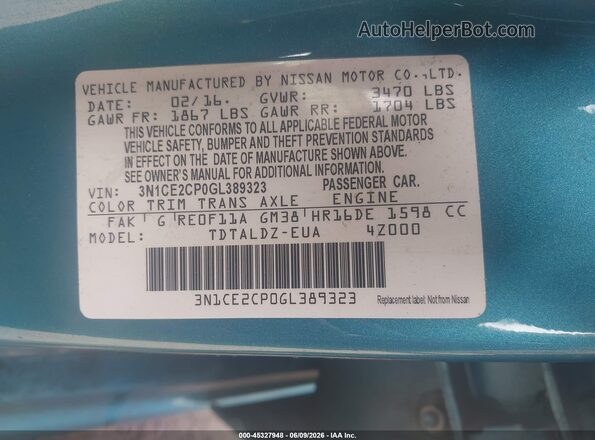 3N1CE2CP0GL389323 2016 NISSAN VERSA NOTE Бирюзовый Вид подкапотного пространства