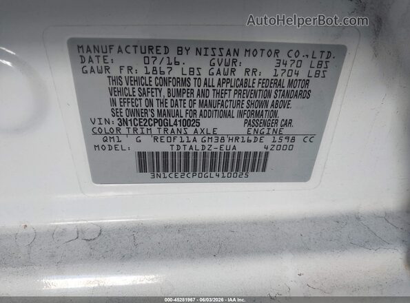 3N1CE2CP0GL410025 2016 NISSAN VERSA NOTE White Vista del compartimento del motor