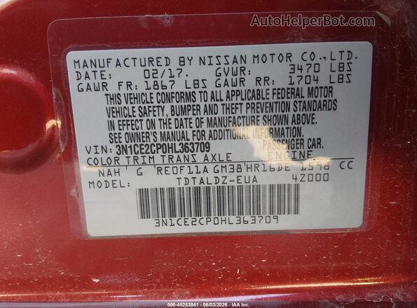 3N1CE2CP0HL363709 2017 NISSAN VERSA NOTE Red Vista del compartimento del motor