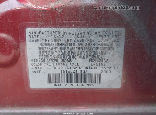 3N1CE2CP0JL360945 2018 NISSAN VERSA NOTE Red ძრავის განყოფილების ხედი