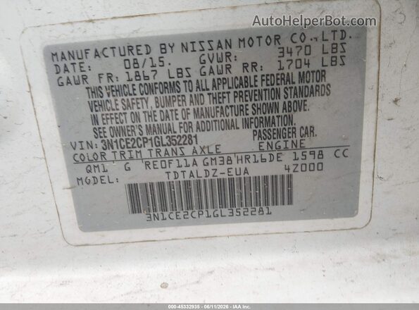 3N1CE2CP1GL352281 2016 NISSAN VERSA NOTE White Вид підкапотного простору