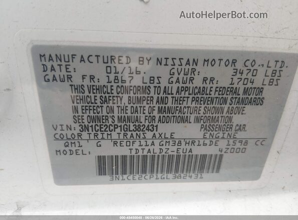 3N1CE2CP1GL382431 2016 NISSAN VERSA NOTE White Engine compartment view