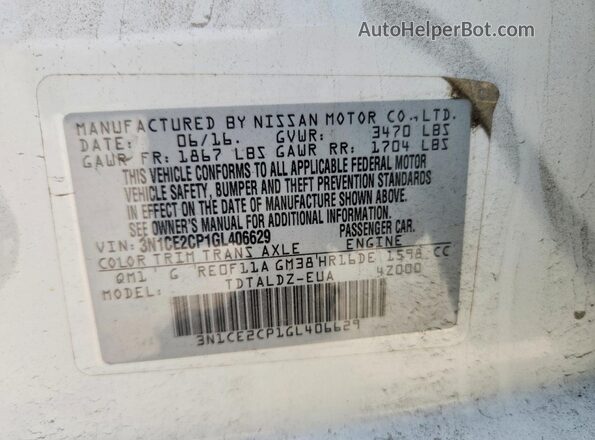 3N1CE2CP1GL406629 2016 NISSAN VERSA White ძრავის განყოფილების ხედი