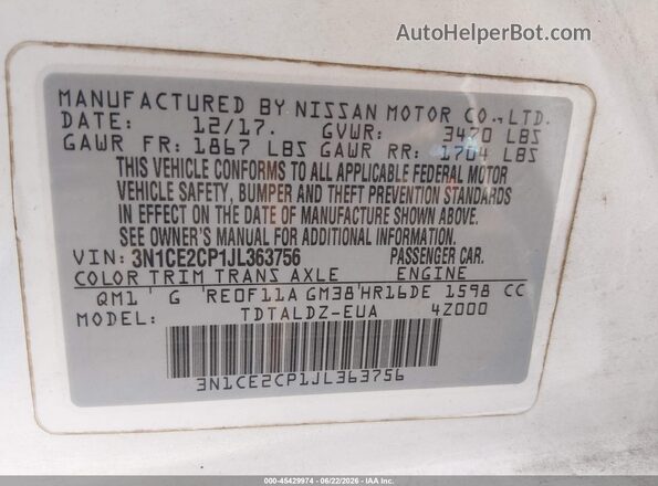 3N1CE2CP1JL363756 2018 NISSAN VERSA NOTE White Widok komory silnika