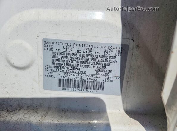 3N1CE2CP1KL360244 2019 NISSAN VERSA White 