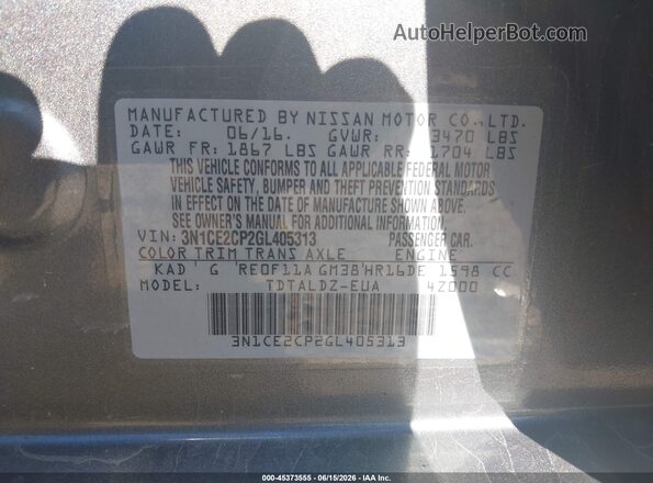 3N1CE2CP2GL405313 2016 NISSAN VERSA NOTE Gray Շարժիչի բաժամունքի տեսք