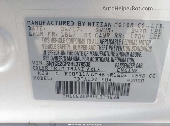 3N1CE2CP2HL379538 2017 NISSAN VERSA NOTE Silver ძრავის განყოფილების ხედი
