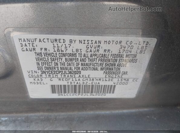 3N1CE2CP2JL362020 2018 NISSAN VERSA NOTE Gray Widok komory silnika