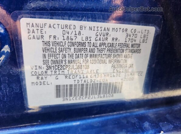 3N1CE2CP2JL368108 2018 NISSAN VERSA Blue Vista del compartimento del motor