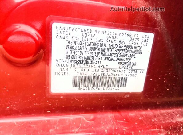 3N1CE2CP2KL355411 2019 NISSAN VERSA Red ძრავის განყოფილების ხედი
