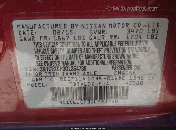 3N1CE2CP3GL354730 2016 NISSAN VERSA NOTE Red Widok komory silnika