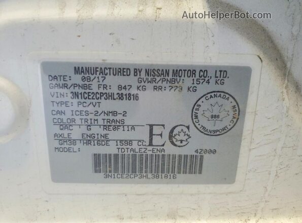 3N1CE2CP3HL381816 2017 NISSAN VERSA White VIN კოდის სტიკერის ხედი