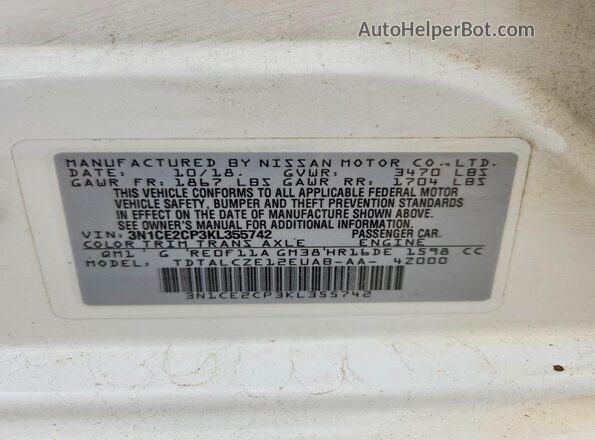 3N1CE2CP3KL355742 2019 NISSAN VERSA White 