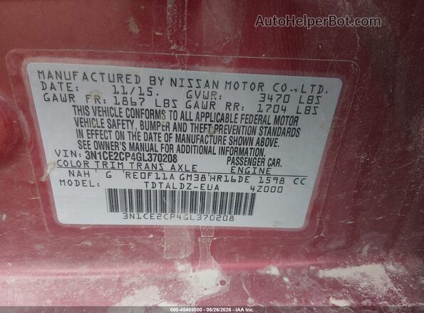 3N1CE2CP4GL370208 2016 NISSAN VERSA NOTE Red Շարժիչի բաժամունքի տեսք