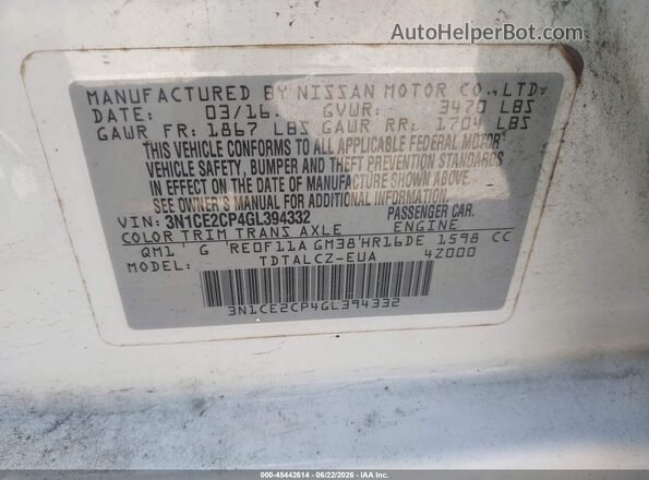 3N1CE2CP4GL394332 2016 NISSAN VERSA NOTE Белый Вид подкапотного пространства