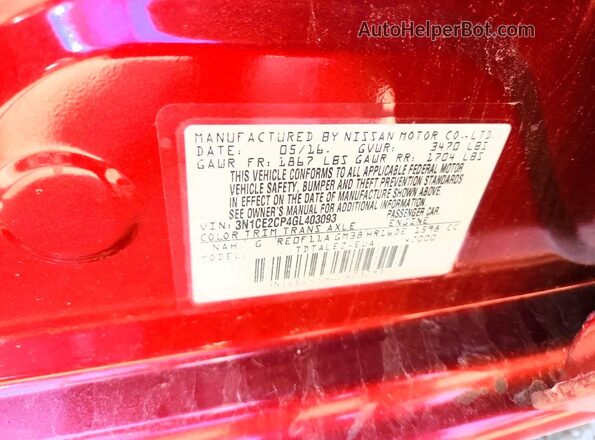 3N1CE2CP4GL403093 2016 NISSAN VERSA Burgundy Вид наклейки з VIN-кодом
