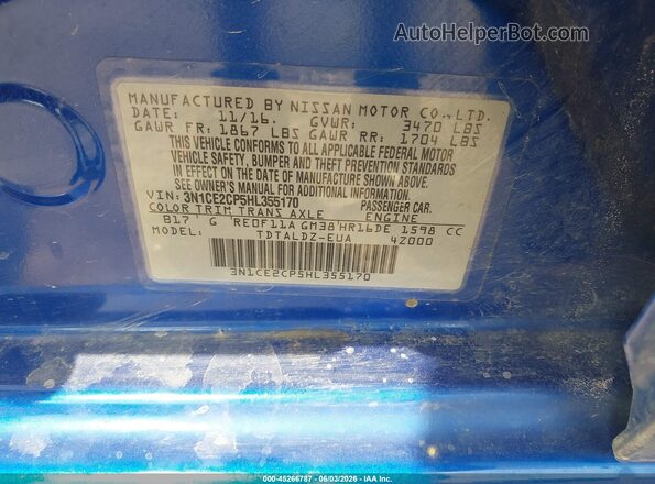 3N1CE2CP5HL355170 2017 NISSAN VERSA NOTE Blue Շարժիչի բաժամունքի տեսք