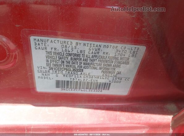 3N1CE2CP6GL353328 2016 NISSAN VERSA NOTE Red Вид підкапотного простору