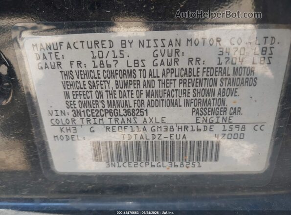 3N1CE2CP6GL368251 2016 NISSAN VERSA NOTE Black Widok komory silnika