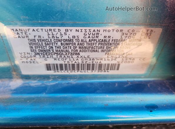 3N1CE2CP6GL373286 2016 NISSAN VERSA Green ძრავის განყოფილების ხედი