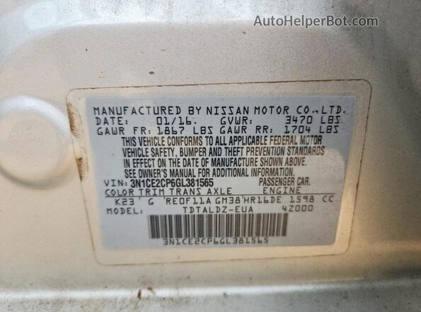 3N1CE2CP6GL381565 2016 NISSAN VERSA Silver VIN კოდის სტიკერის ხედი