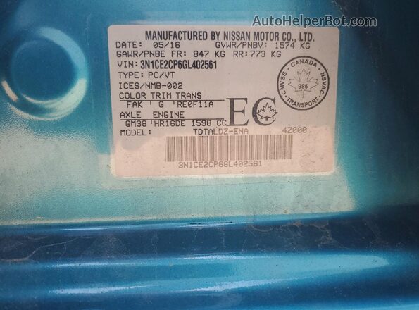 3N1CE2CP6GL402561 2016 NISSAN VERSA Blue VIN sticker view